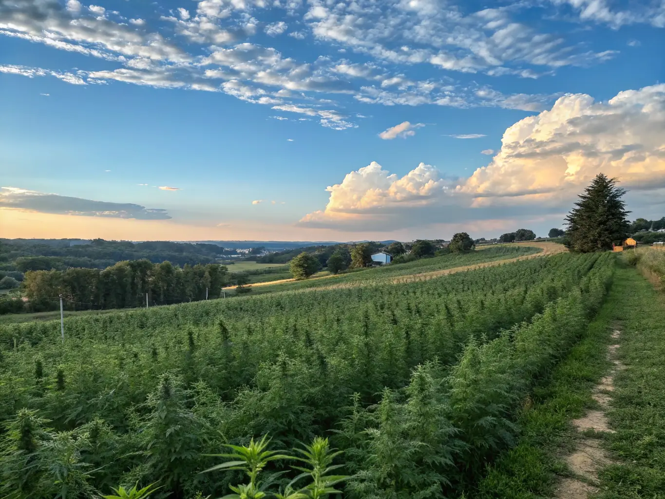 A vibrant, healthy hemp field under a clear blue sky, symbolizing growth and security in hemp farming, suitable for Cannexrisk.com's Hemp Farm Insurance.