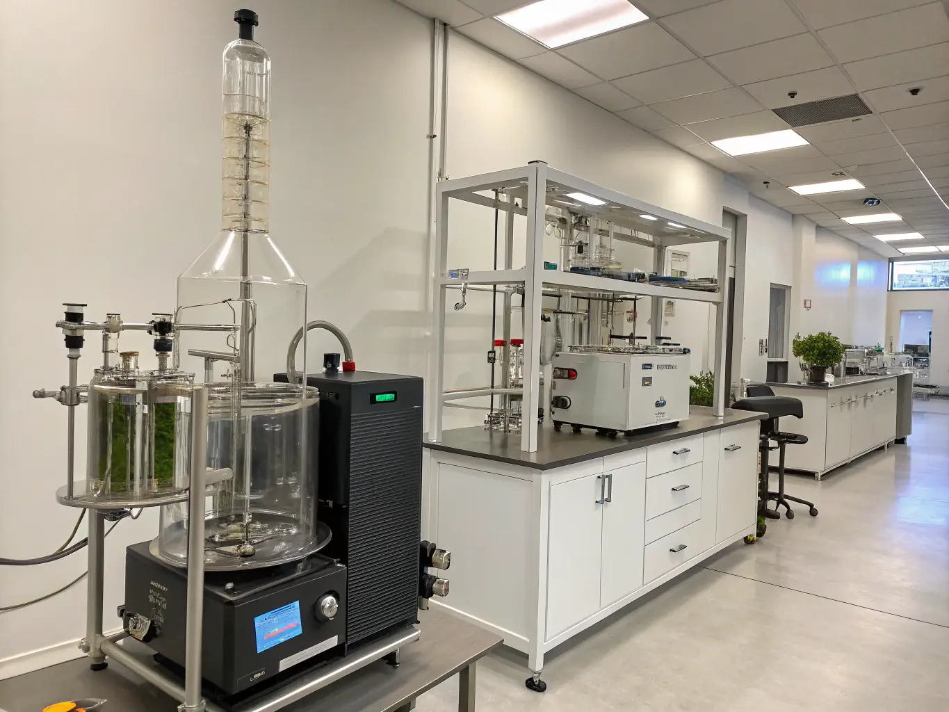 A modern CBD extraction facility with gleaming equipment, representing the technological aspect of CBD businesses, ideal for Cannexrisk.com's CBD Business Insurance.